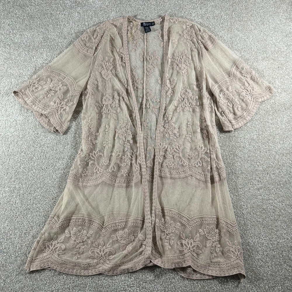 Boho Festival Whimsy Miss Chievous Floral Mesh Kimono Cardigan Lace Trim L/XL